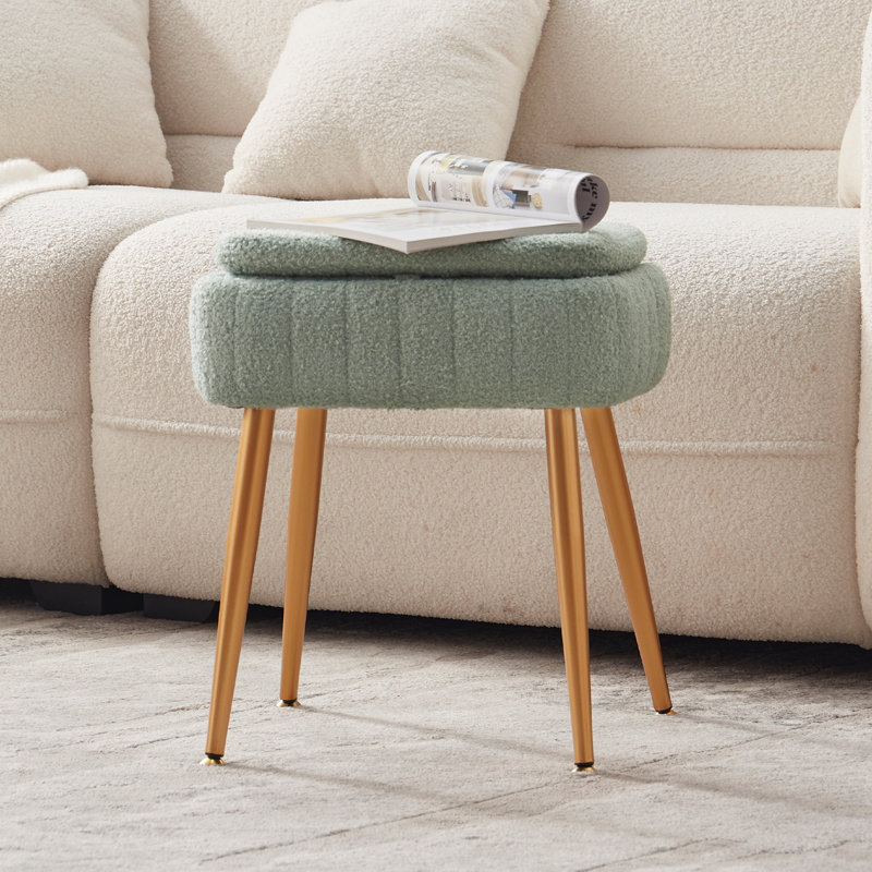Tabouret de coiffeuse rembourré en polaire Teddy avec rangement et dossier pliant, Green