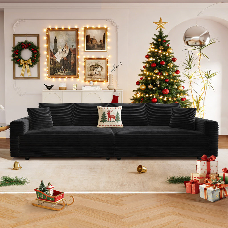 Nerissa 102.4" Corduroy Modular Cloud Couch Comfy Sofa with Square Armrests, Black
