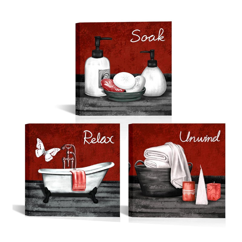 Ensemble de 3 impressions sur toile rouges et noires 12 x 12 pouces, rouge pour l'espace de lavage