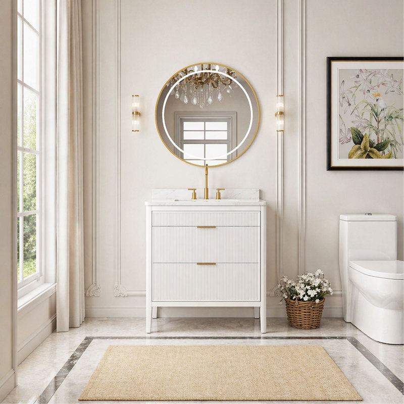 Ensemble de meuble-lavabo autoportant blanc 36 po avec 2 ensembles de poignées et plateau en marbre d'ingénierie entièrement assemblé