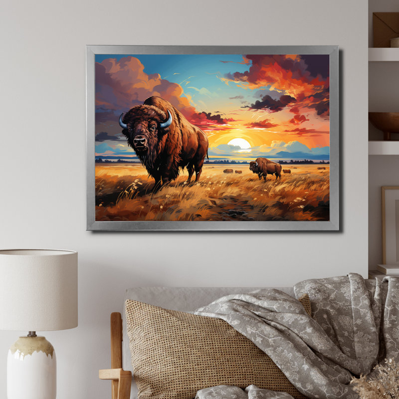 Art amérindien Bison Prairies III - impression, H 12 po x l 20 po x P 1 po, Cadre simple argenté