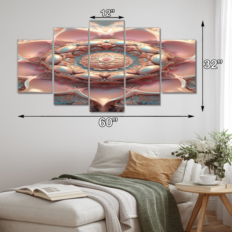Exquis rose doré Lotus Mandala II - Boho Mandala Wall Art Living Room - 5 panneaux