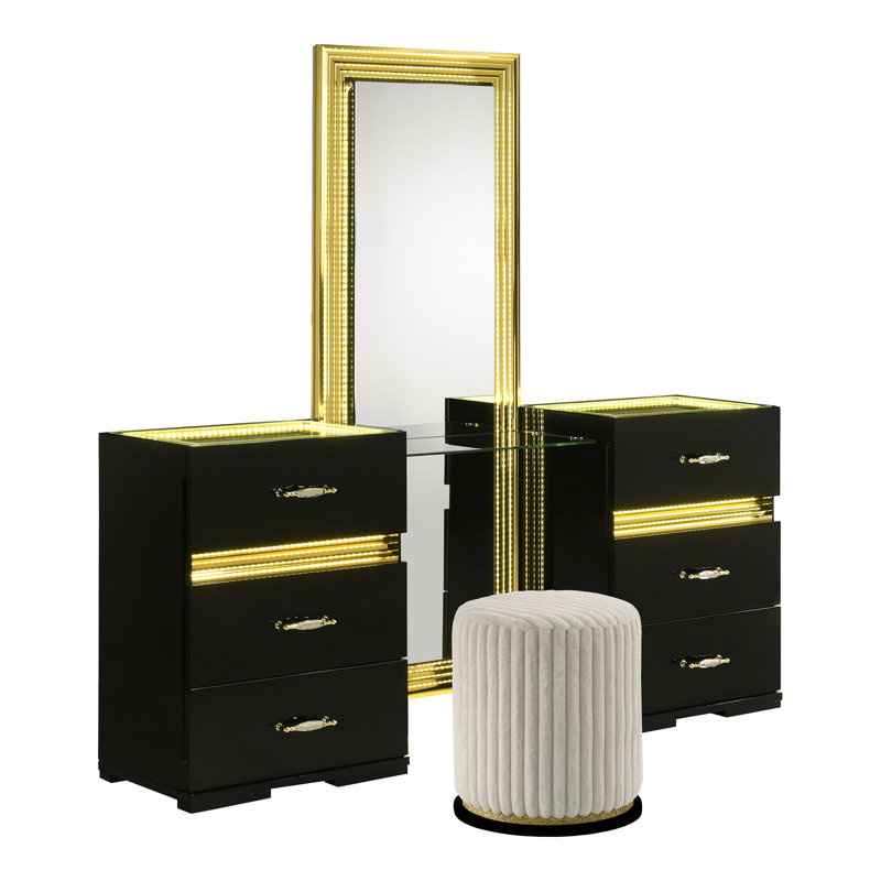 Brigette 6-Drawer Vanity Set With Stool, Mirror, Black