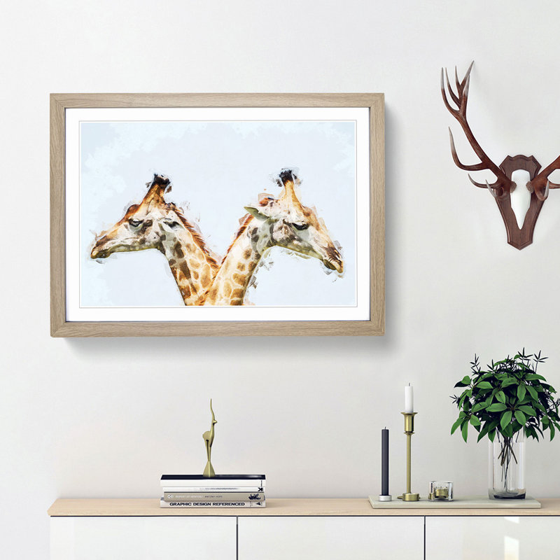 Giraffes Looking Both Ways - Picture Frame Graphic Art Print, 27cm H x 36cm W x 2cm D, Oak Framed