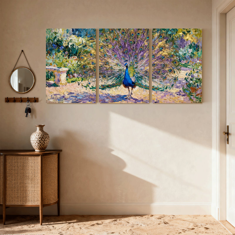 «Birds Peacock Garden», ensemble de 3 impressions sur toile, H 24 po x l 48 po
