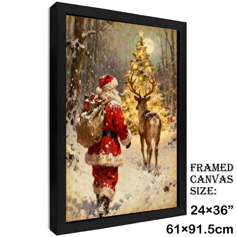 Père Noël rétro noir encadré avec art mural de style rétro, H 37 po x l 25 po