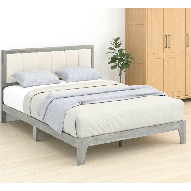 Structure de grand lit avec grain de bois élégant et tête de lit confortable et relaxante, 10 pieds, sans sommier, assemblage simple, 6,7 pouces sous le lit, support beige facile