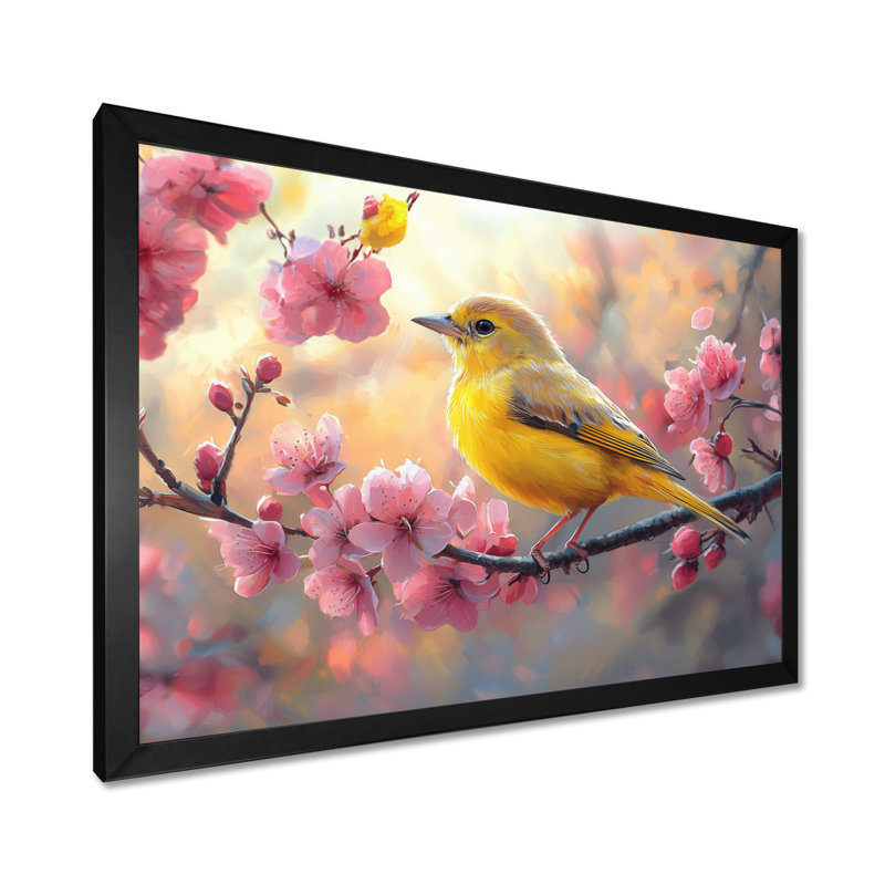 Songbird In Melody Spring Tree III - oiseau, art mural, Cadre simple, Noir, H 12 po x l 20 po
