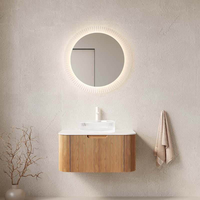 Meuble-lavabo de 30 po avec lavabo, armoire de rangement murale à bords arrondis avec tiroir, lavabo et comptoir en verre rond transparent, pré-assemblé