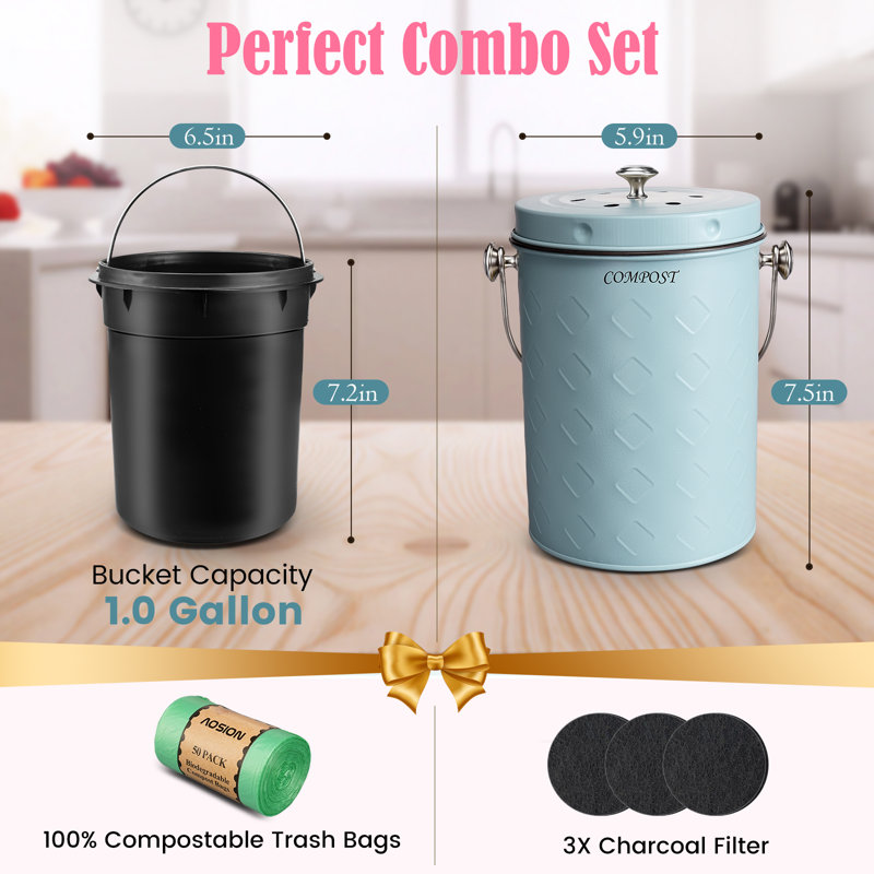 Bac à compost de comptoir, bac à compost sans odeur pour l'intérieur 1,0 gallon avec couvercle, bleu, Bleu