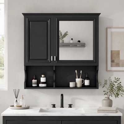 Armoire à pharmacie murale avec miroir, étagères ouvertes et rangement ajustable