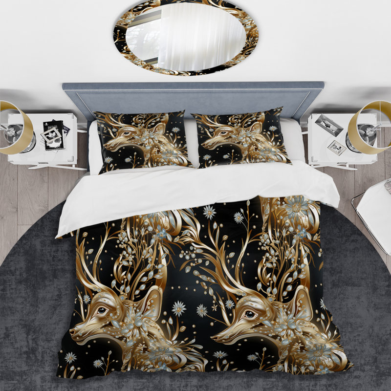 Ensemble de housse de couette en marbre noir et doré avec motif de cerfs, Housse de couette pour très grand lit et 2 très