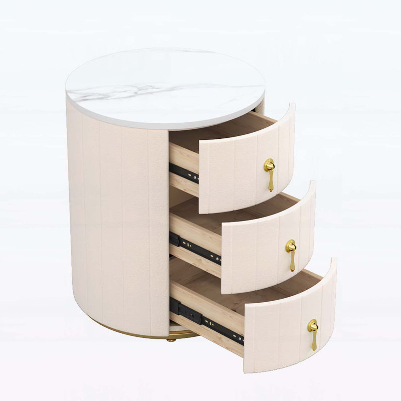 Table de chevet rembourrée avec 3 tiroirs, table de chevet ronde, plateau autocollant en marbre pour la chambre à coucher