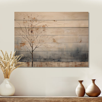 Minimalism Beige And Blue Countryside I - Countryside Wood Wall Art On Natural Pine Wood