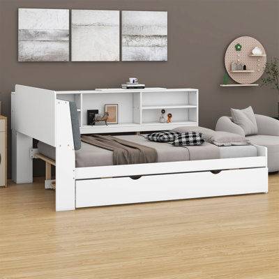 Wood Platform Bed With Trundle, Shelves And Storage Headboard
