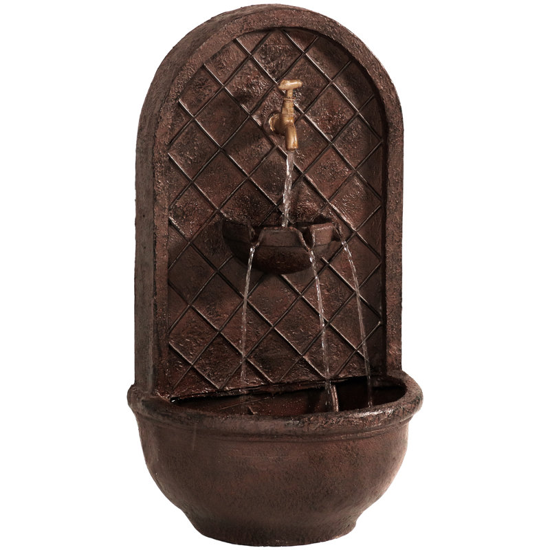 Lutterworth Weather-Resistant Polystone Solar Wall Water Fountain with Battery Backup - Bronze, Dark Brown