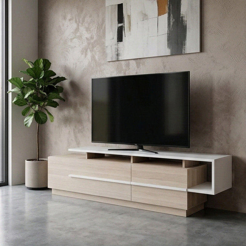 Modern TV Stand with Multiple Shelves, Cordoba & White, 70.9 x 18.3 x 15.3 inches | 100% Melamine Coated Particle Board, Thickness: 0.7 inches | Wall-Mountable Design, Perfect for Contemporary Living Rooms