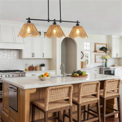 Luminaire suspendu moderne en îlot de cuisine rustique en rotin tissé à la main à 3 lumières de 35 pouces pour îlot de cuisine, lustre moderne moderne