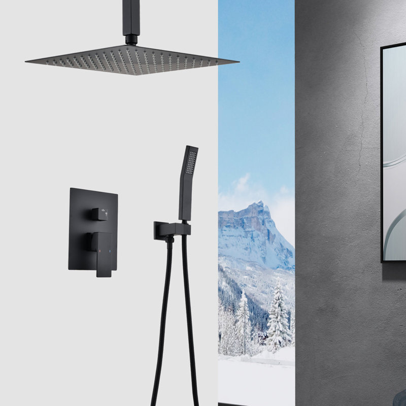 Douche de plafond noire matte - à main et tête de 16 po de hauteur avec système d'aspect épuré, le tout pour la douche,