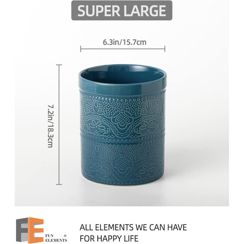 7.2" Super Large Ceramic Utensil Holder (Bright White, Lace Emboss), Blue