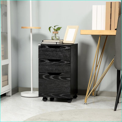 Armoires | Armoire de rangement à 3 tiroirs sous le bureau avec roulettes, grain de bois noir contemporain | Panneau de particules | Noir
