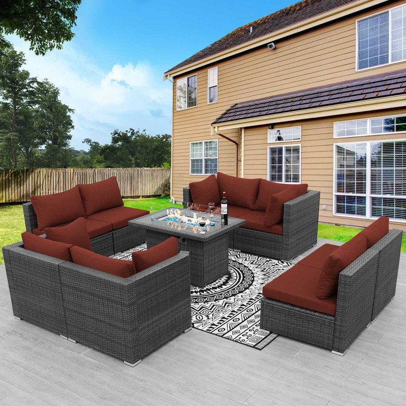 8 - Person Wicker Patio Conversation Furniture Set with Fire Pit Table and Cushions, Sectional Deep Seating Group, Gray, Red