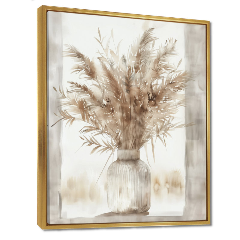 Beige blanc Boho Plant Chic II - Boho Feather, art mural, Cadre flottant doré, H 20 po x l 12 po x P 1 po