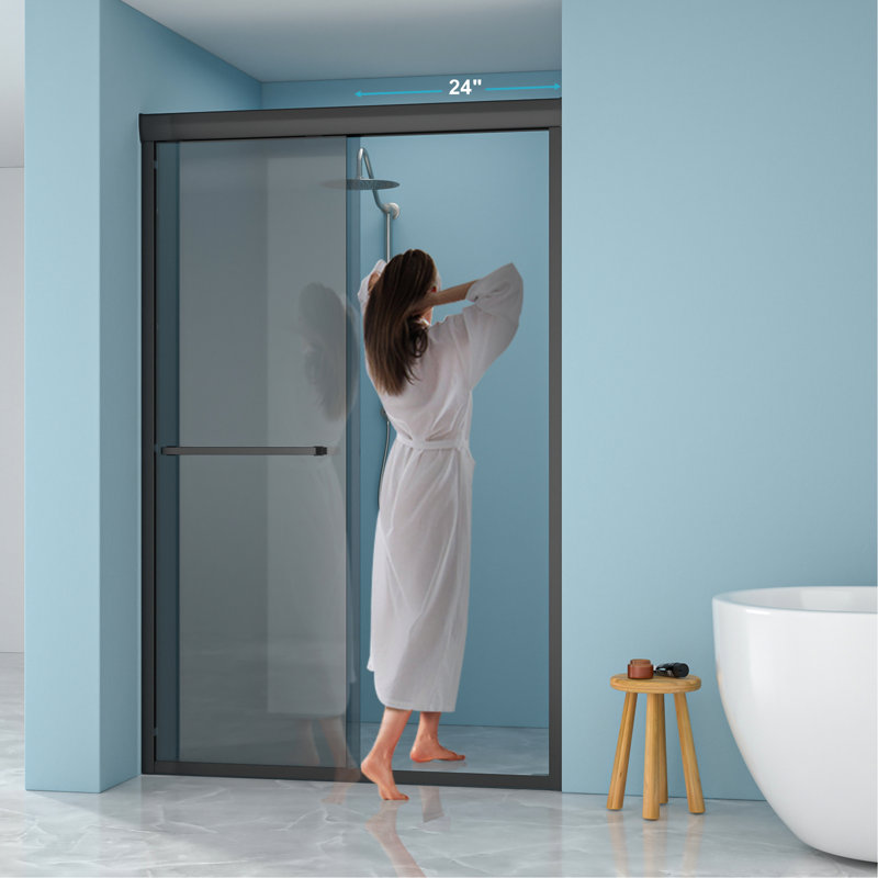 76"H Double Sliding Shower Door, 8Mm Tempered Shatter- Grey Glass, Matte Black 304 Stainless Steel, Reversible Installation, -, Dry Vanity 48"W Glass With R10 Rounded Edges And Laminated Film, -