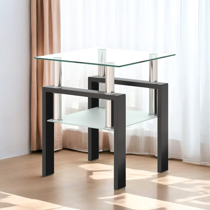 Tempered Glass Tea Table With Metal Legs, Black/Clear, 1