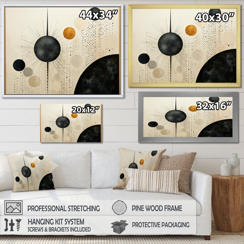 Beige noir Mid Century Minimalist Oasis, reproduction d'art sur toile, H 30 po x l 40 po, Cadre flottant noir