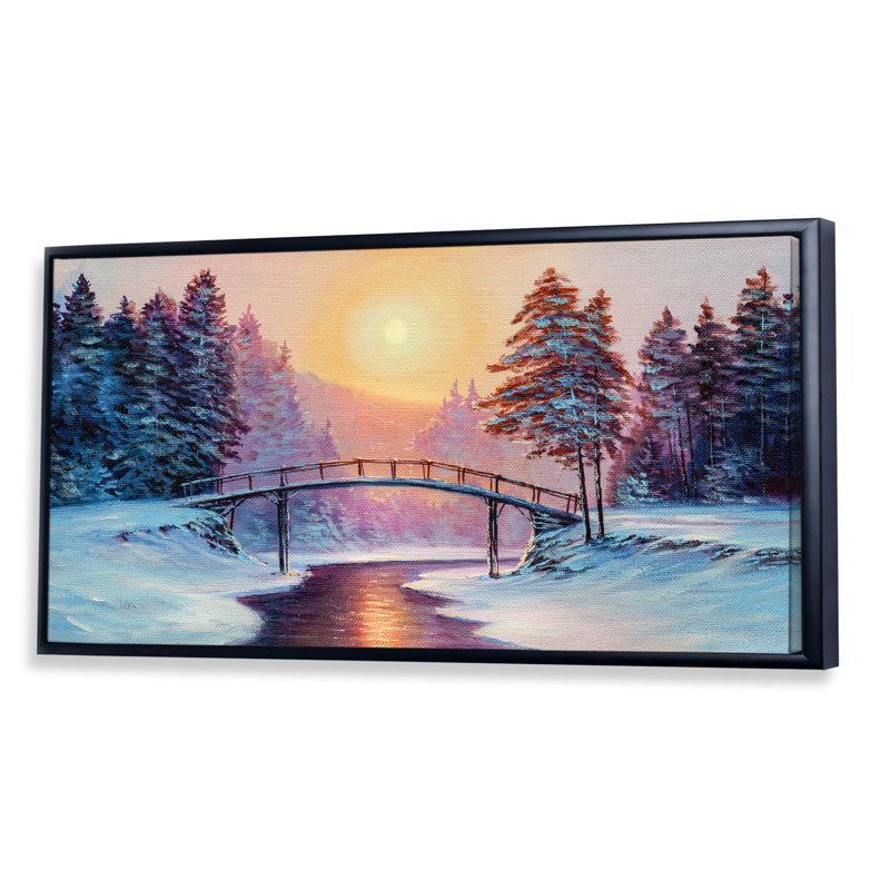 «Sunset on Winter River Bridge Scenery II», peinture sur toile, Cadre noir, H 8 po x l 12 po x P 1 po