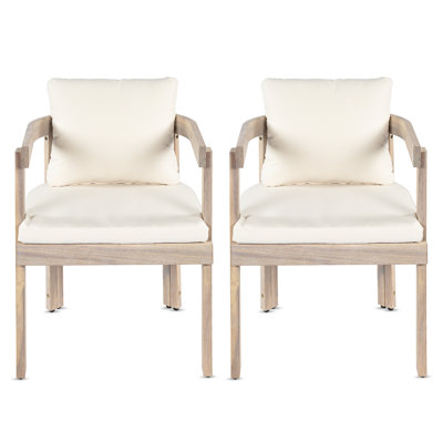Ensemble de 2 chaises de salle à manger d'extérieur en bois d'acacia avec coussins crème - Fauteuils de baril modernes pour patio, jardin et balcon