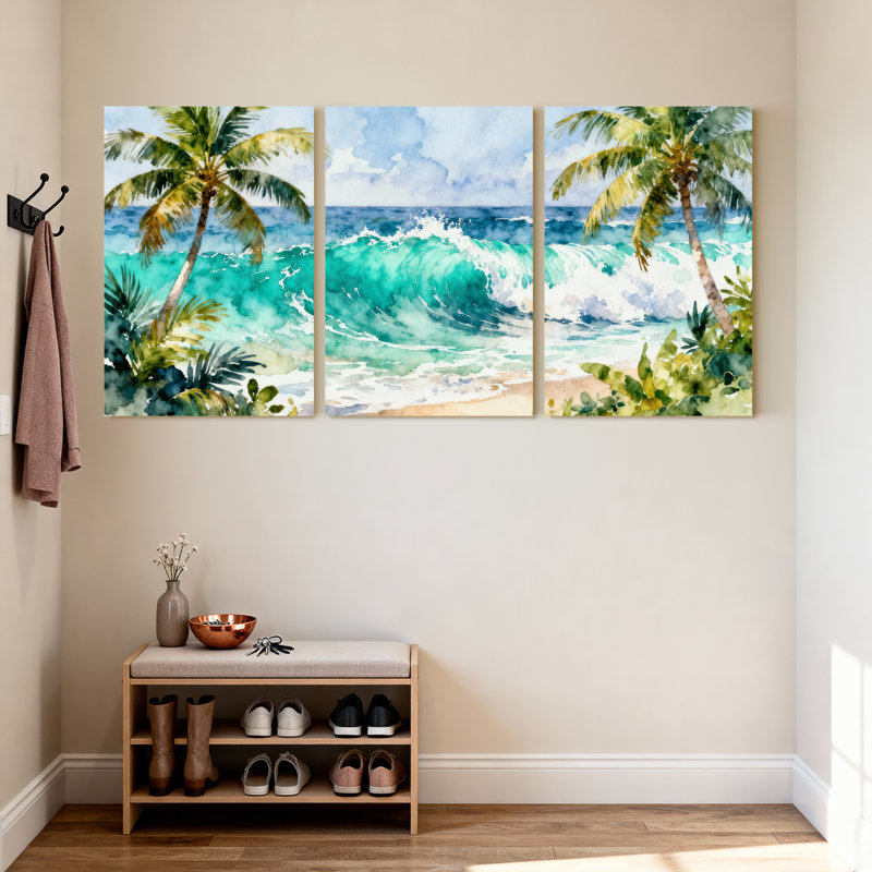 Palmiers, plage tropicale, vagues, palmiers, océan, ciel, verdure, ensemble de 3 impressions sur toile, H 18 po x l 36 po