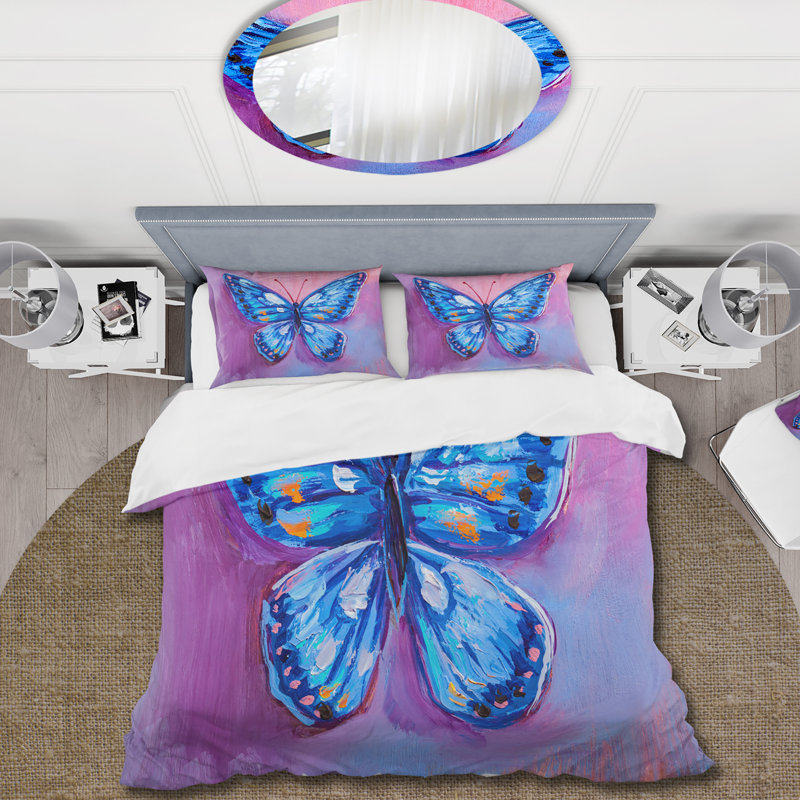 Ensemble de housse de couette Modern Blue Butterfly I - polyester microfibre, Housse de couette pour très grand lit et 2 très