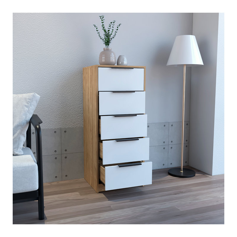 Commode verticale H 42 po avec 5 tiroirs, commode compacte en chêne blanc / clair pour chambres à coucher étroites, commode de rangement moderne