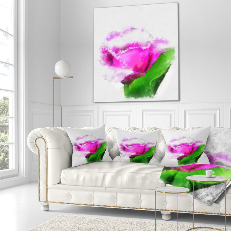 Rose rose avec aquarelle et feuilles - coussin à imprimé floral, 16 po x 1 po, Coussin décoratif