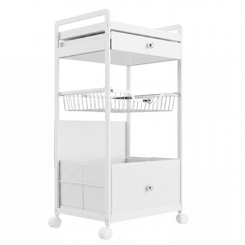 Panier à linge roulant avec tiroirs coulissants, trieur mobile à 4 niveaux, roulettes verrouillables et panier en acier inoxydable, blanc