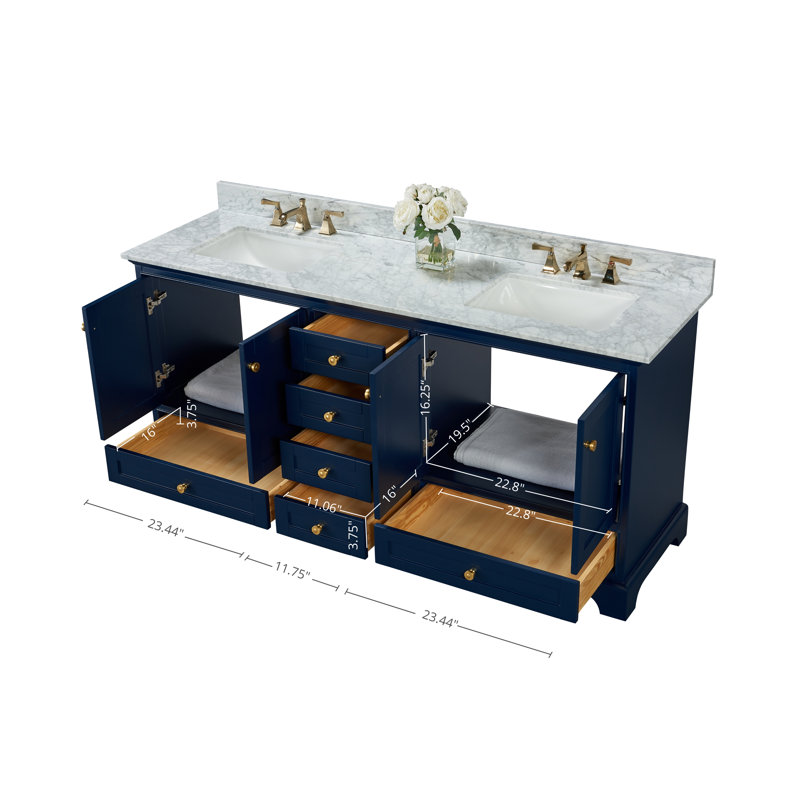 Audrey 66 in. Handmade Double Vanity, Heritage Blue | Brushed Gold, Carrara White