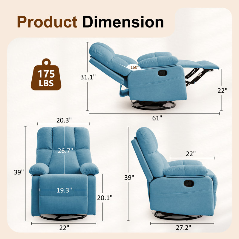 Recliner Chair， 360° Swivel Reclining Chair For Living Room, Small Manual Recliner For Small Space, Blue