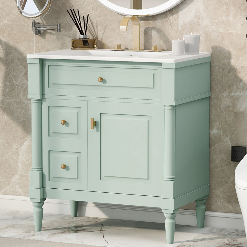 Meuble-lavabo autoportant vert de 30 po avec lavabo, armoire avec tiroir rabattable et tablette réglable, structure en bois d'hévéa massif, panneaux de fibres à densité moyenne et poignées en métal