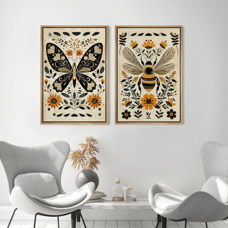 Butterfly Bee Animal And Boho Floral Botanical Decor Wall Art Framed 2 Piece Canvas Print, 24'' H x 36'' W, Natural Framed