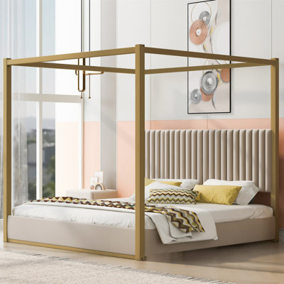 King Size Upholstery Canopy Platform Bed With Headboard And Metal Frame