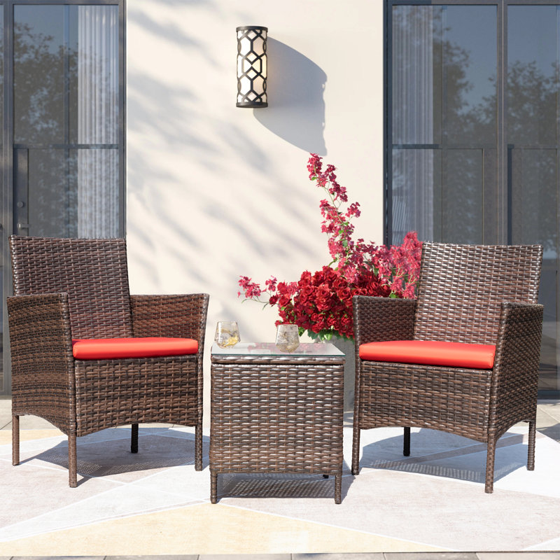 Jagger 3-Piece Seating Group with Cushions and Tempered Glass Top Table , Red