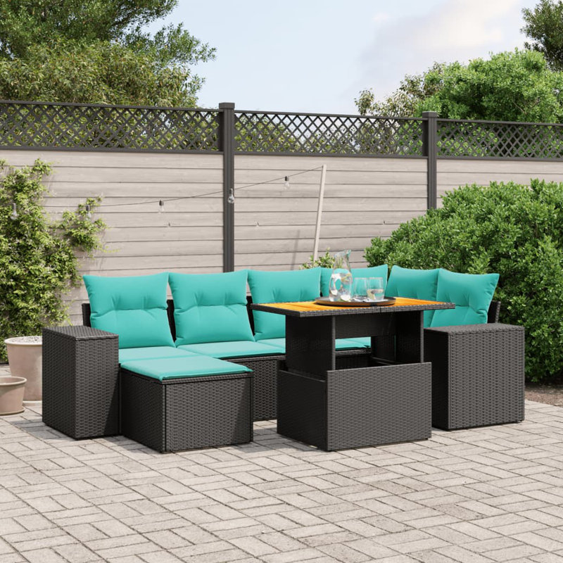  Ensemble de canapé de patio 7 pièces avec coussins en rotin de polyester, Noir, Vert