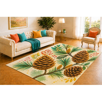 "Ultra Lightweight" 5' x 7' Pine Cone Botanical Area Rug, Soft Low Pile Indoor Rug with Non-Slip Silicone Backing for Living Room, Bedroom, Dining Room, Office, Kids & Pets, Brown
