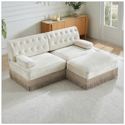 Chesterfield Style Sofa with 2 Ottomans, Breathable Velvet Fabric, Tassel Skirt, Curved Square Armrests, Wooden Base, Easy Assembly, Living Room