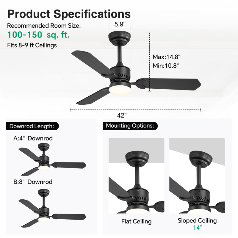 2-Pack 42" Ceiling Fans with Lights and Remote, Modern 3-Blade Downrod Ceiling Fan, 3CCT LED Light, 6-Speed Reversible DC Motor, Black/Wood Grain Blades