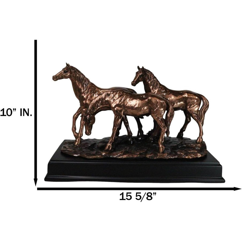 Grande figurine en résine électroplaquée bronze à trois chevaux de 15 po Western