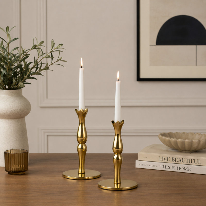  Holiday Accents Brass 6" Candlesticks – Set of 2, 7.25" H x 4.5" W x 7" D