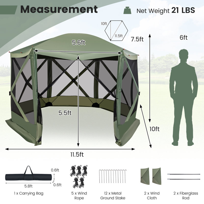 Tente escamotable à 6 côtés avec 2 panneaux à vent pour le camping 11,5 x 11,5 pi Costway